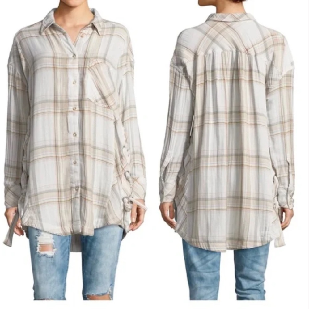 Free People Nordic Day Plaid button Front Braided Tunic Top Shirt Size Small